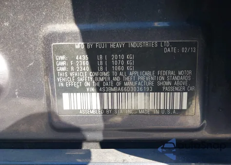 2013 Subaru Legacy 2.5I z USA, uszkodzony, nr VIN 4S3BMBA66D3036193